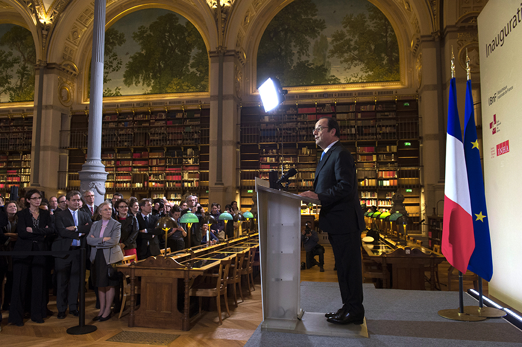 François Hollande, inauguration des espaces rénovés BNF Richelieu
