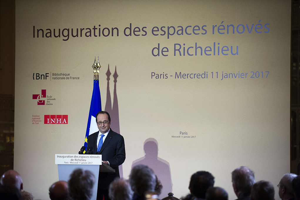 François Hollande. Inauguration des espaces rénovés BNF Richelieu 11 janvier 2017